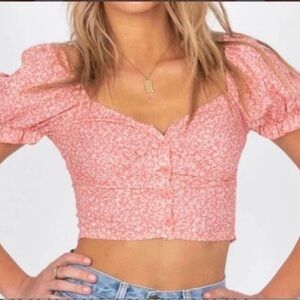 Princess Poll  Pink Floral Puff Sleeve Cropped Top Button Front size 4